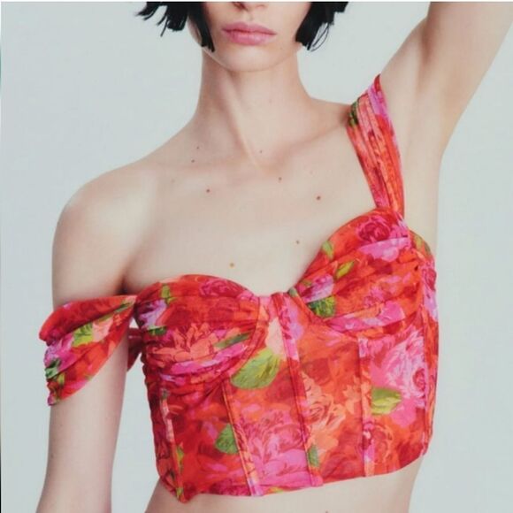 ZARA Floral Cropped Tulle Corset Top - Picture 1 of 7